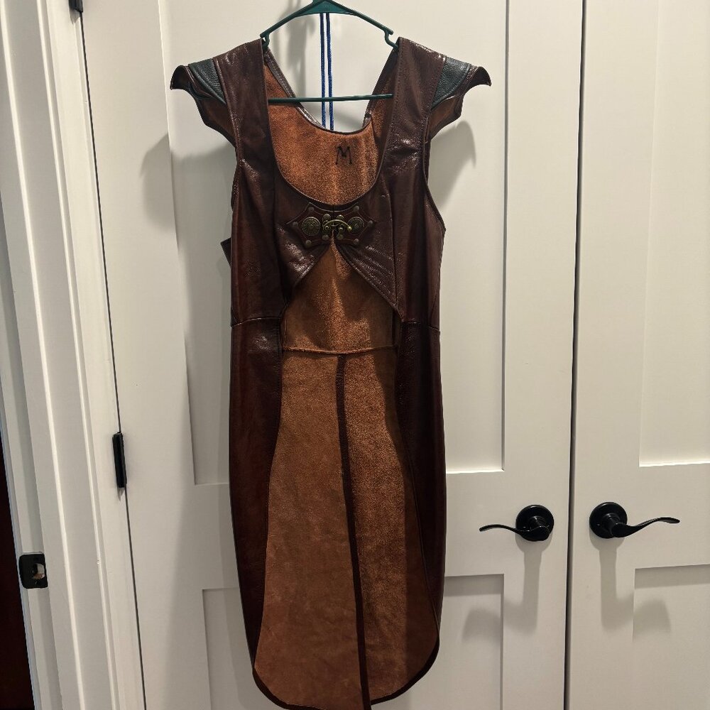 Fantasy Cosplay Leather Vest with Tails, Brown and Green with Brass Trim, Medium